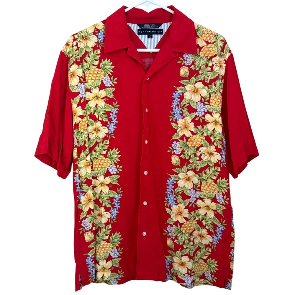 Vintage Y2K Tommy Hilfiger Hawaiian Shirt Mens S Red Tropical Floral Resort Luau